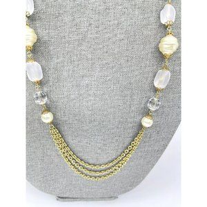 Baroque Pearl Necklace With Crystal Glass Beads On Double Gold Tone Chain